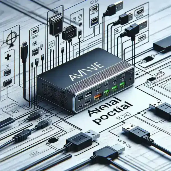 "Port output display options of SZBOX M1 MINI Plus, showcasing HDMI, USB, and audio jacks in a sleek design."