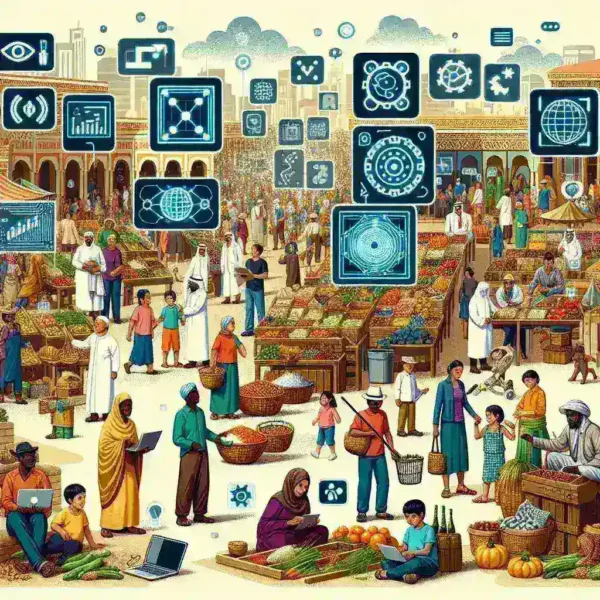 "Ilustrasi pengembangan kecerdasan buatan lokal yang sesuai dengan konteks budaya dan ekonomi rakyat, menampilkan berbagai elemen budaya Indonesia yang terintegrasi dalam teknologi AI."