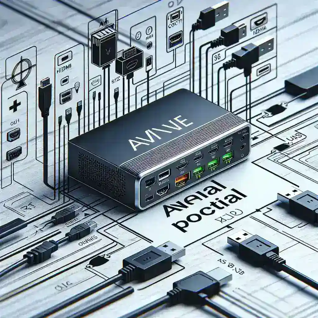 "Port output display options of SZBOX M1 MINI Plus, showcasing HDMI, USB, and audio jacks in a sleek design."