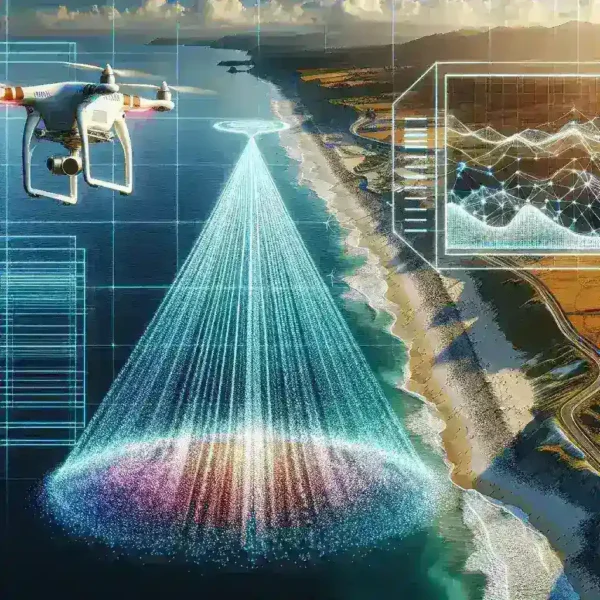 "Map illustrating the implementation of artificial intelligence for coastal change detection, showcasing AI algorithms analyzing shoreline shifts and environmental impacts."